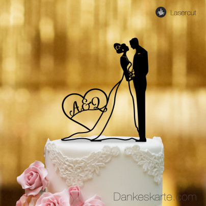 Cake Topper Brautpaar mit Herz personalisiert - Schwarz - XL