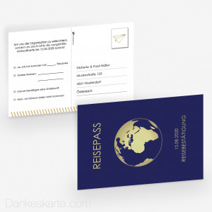 Antwortpostkarte Reisepass Globus 15 x 10 cm