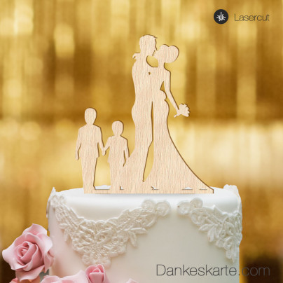 Cake Topper Brautpaar mit Kindern Jungen - Buchenholz - XL
