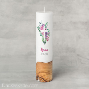 Kommunion Kerze mit Holzelement Florales Kreuz 6 x 25 cm