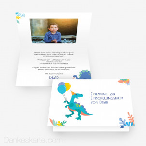 Einladung Einschulung Dino 15 x 10 cm Vertikalklappkarte